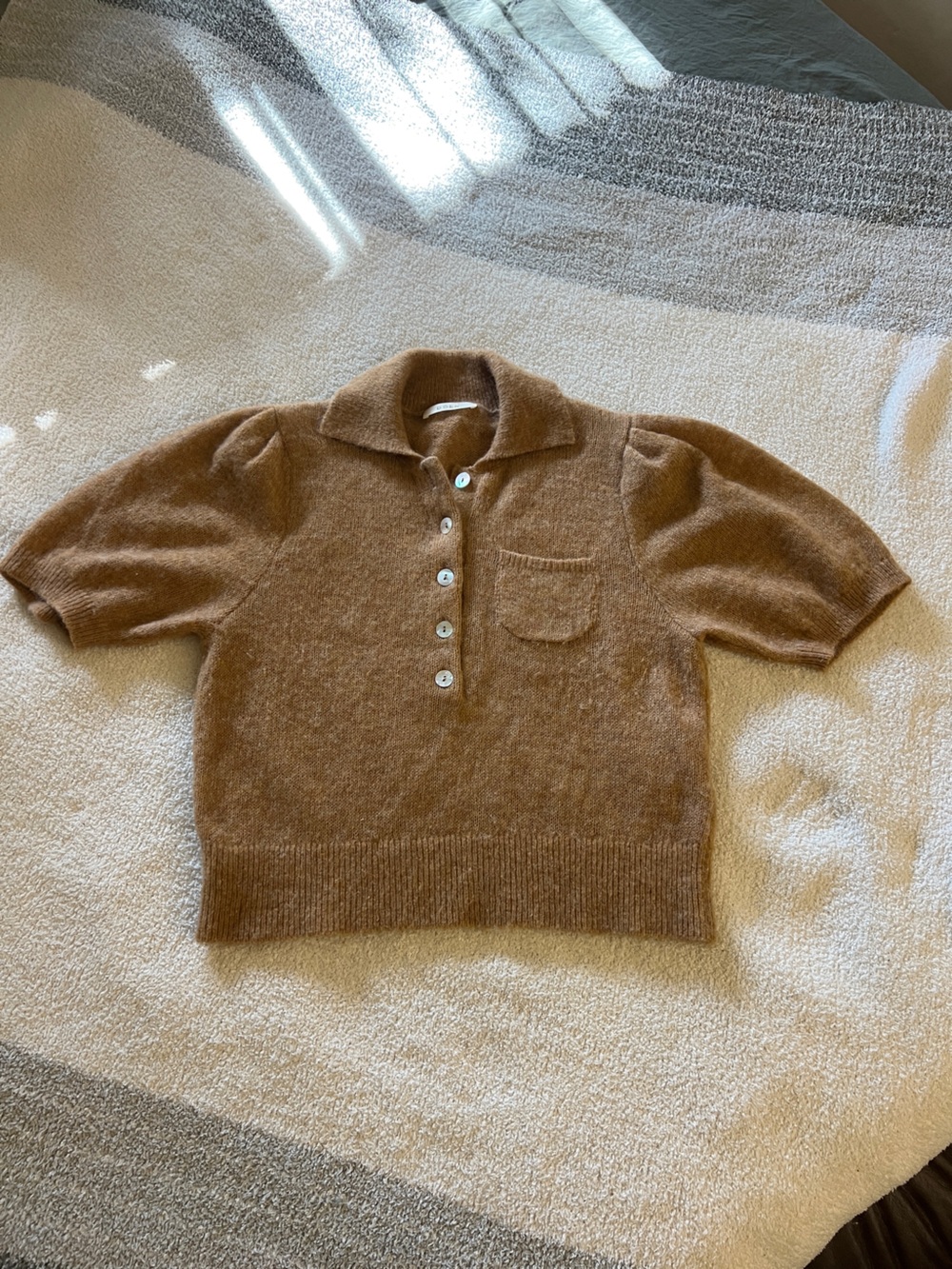 DÔEN Hazelnut Alpaca Wool Polo Cardigan Sweater Puff Sleeve Italian Yarn